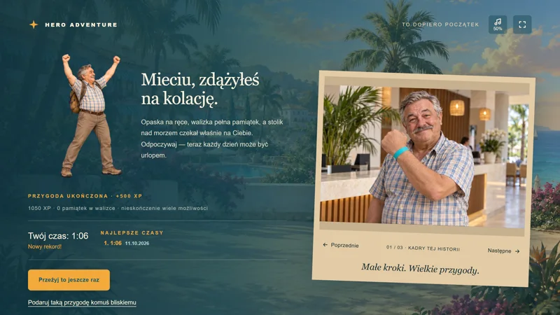 Ekran zakończenia ze zwycięską pozą Miecia, wiadomością i albumem.