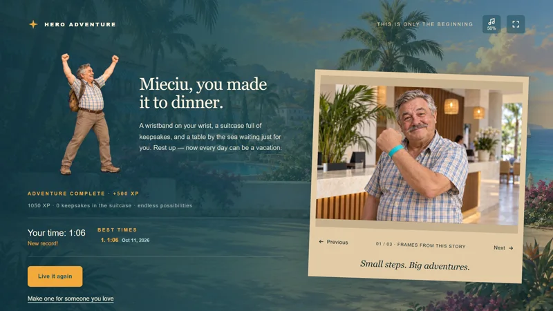 The ending screen with Mieciu’s victory pose, message and photo album.