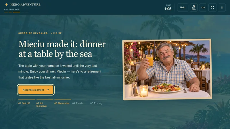 The scratch-card reveal: Mieciu having dinner at a table by the sea.