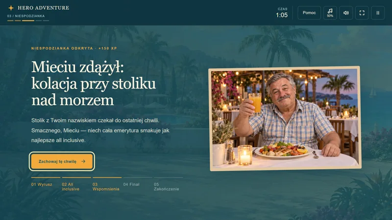 Odsłonięta zdrapka: Mieciu przy kolacji nad morzem.